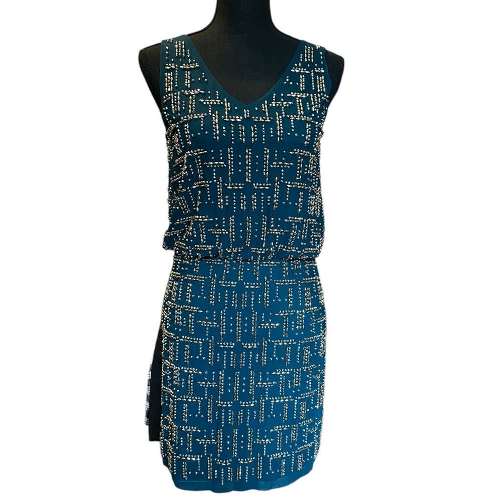 Cache Elegant Beaded Teal Sleeveless Dress